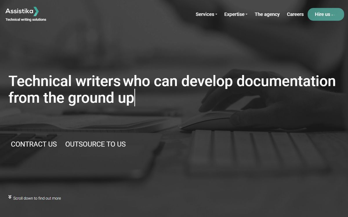 The Assistika homepage: a desaturated photograph of hands at a keyboard behind the headline “Technical writers who can develop documentation from the ground up.”